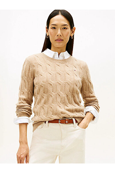 Tommy Hilfiger Soft Wool Hair Knitted Crew Neck Long Sleeve Women's Beige Sweater Ww0Ww43586Adm