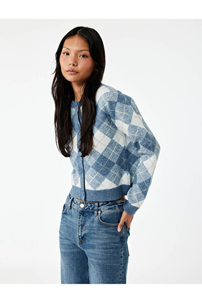 Koton Buttoned Long Sleeve Crew Neck Diamond Pattern Knitwear Cardigan