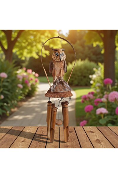 e-life shop El Yapımı Doğal Ahşap & Coconut Baykuş Tasarımlı Rüzgar Çanı 90cm...