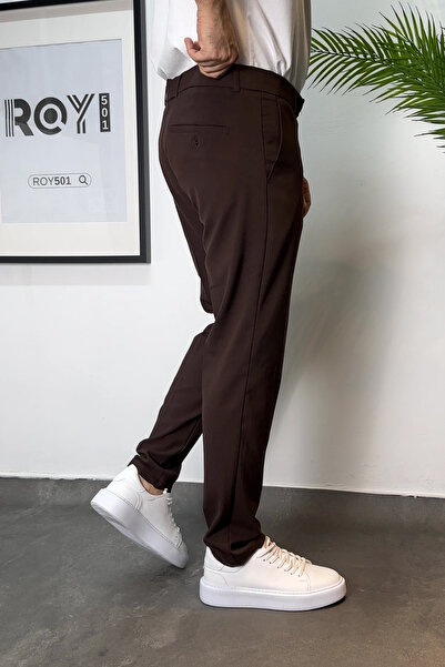 ROY501 Men's Slim Fit Trousers with Belt Detail Men's Fabric Trousers