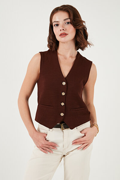 Lela Stretch Fitted Fit V-Neck Buttoned Vest Vest 5865971