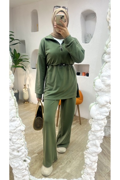 onlymoon Women's Khaki Hijab Set ♦   Zippered Waist Tunic with Tie ♦   Wide Leg Pants ♦   Two Yarns Knitted