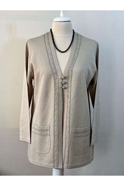Özenli Triko Çelik Örgü Taş Anne Hırka 3 Düğmeli Rte Nakışlı