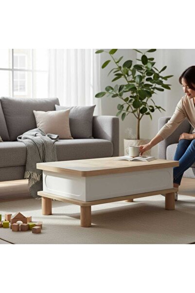 ModernEvveOfis Modern Sihirli Sehpa – Açılır Mekanizmalı Orta Sehpa 90–120x60 Orta Gövde Oval Beyaz Membran Meşe