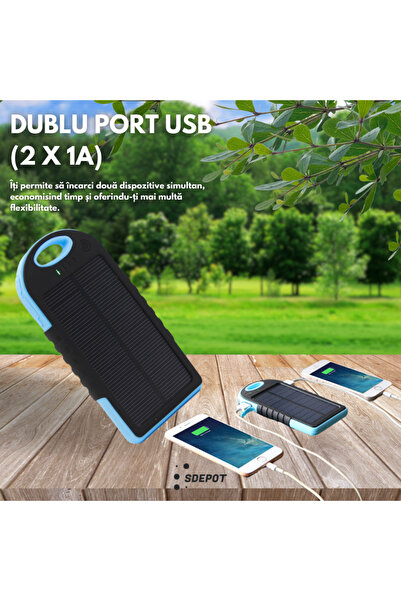 SDEPOT ® external battery, with solar panel, dual USB port, IPX6 water resistance