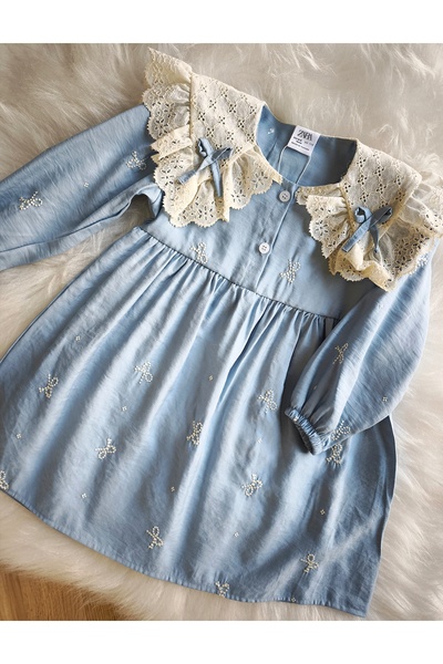 eladamoda فستان بناتي من القطن بتفاصيل ياقة من قماش الغيبور باللون الأزرق الفاتح
