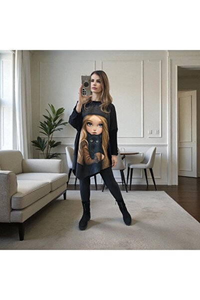 MAXORA SHOP Casual oversized blouse with eco-leather details and fashion prints