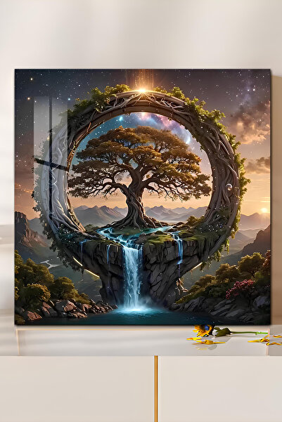 kutuTR 3D Görünümlü Temperli Cam Tablo – Sonsuzluk Çemberi ve Yaşam Ağacı Şelale UV Baskı 33x33 cm-CTK064