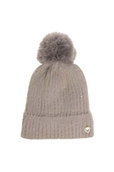 OEM Knitted Taupe Hat with Sequins, White Lining & Pompon for Women