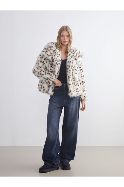 LC Waikiki Jacket Collar Leopard Patterned Women's Faux Fur Coat