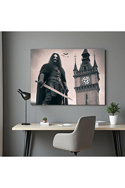 Printees Tablou - Dracula cu sabie la turnul cu ceas - Canvas pe șasiu