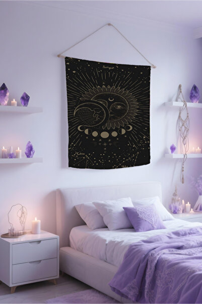 Etnik Dekor Mystical Wall Cloth with Moon Cycle and Sun Pattern