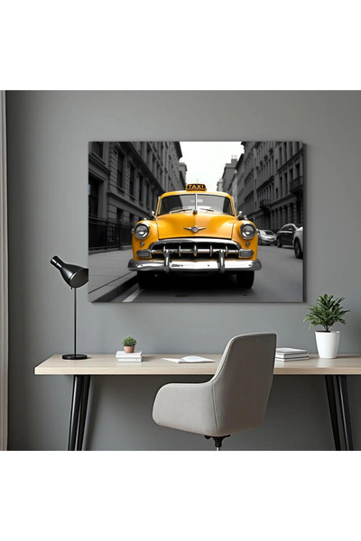 Printees Painting - Yellow taxi on black and white background