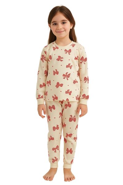 ZUZUNGA Ecru Color Red Bow Printed Girls Pajama Set