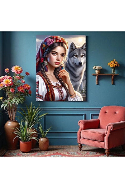 Printees Tablou - Fată din Dacia și lup - Canvas pe șasiu - 40x30 cm