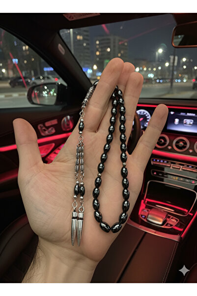 A-STİL TAKI Men's Double Bullet Tassel Natural Hematite Prayer Beads
