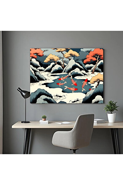 Printees Tablou - Lac cu pești - Ilustrație stil japonez - Canvas pe șasiu - ...