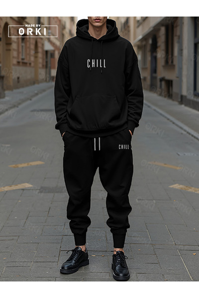 EFFRENATU Chill Printed Black Oversized Hoodie & Black Jogger Tracksuit Set