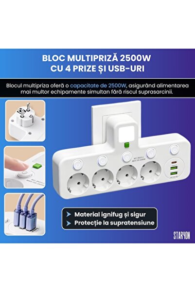 Staryon Bloc Multipriza / Priza Multipla 2500W Staryon®, 4 Prize Schuko + 2 Porturi USB-A + 1 Port USB-C