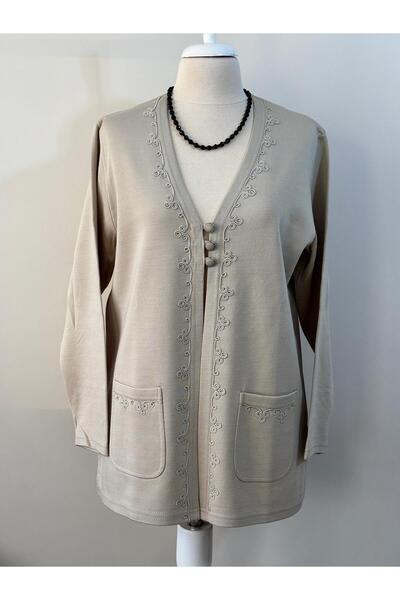 Özenli Triko Сталева в'язана мамина кофта з вишивкою з каменю