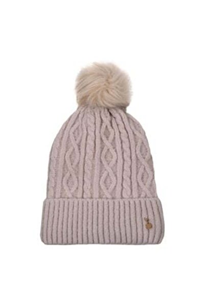 Silver Star Ecru Knitted Beanie with Faux Fur Pompon for Women
