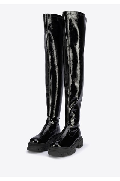 Wittchen Cizme înalte pentru femei din piele lăcuită, negre, din piele lăcuită