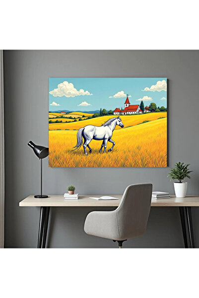 Printees Tablou - Cal alb pe câmp galben - Canvas pe șasiu - 40x30 cm