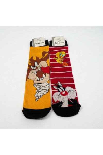 ÇERÇİ MELEK Taz & Tweety Patterned 2-Piece Unisex Colorful Socks (35–39)