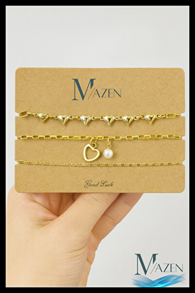 MAZEN مجموعة أساور سلسلة ثلاثية |   اللون الذهبي |   قلب متسلسل |   تفاصيل ال...