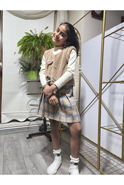 Şimo Butik Girl's Three-Piece Set (Plush Vest+Cotton Blouse+Cashmere Shorts Skirt) Stylish Winter Camel