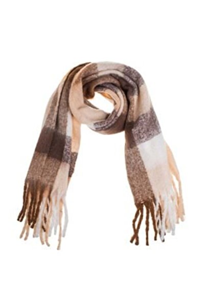 Silver Star Eșarfă bej-maro în carouri cu franjuri lungi 180 x 48 cm, 305 g