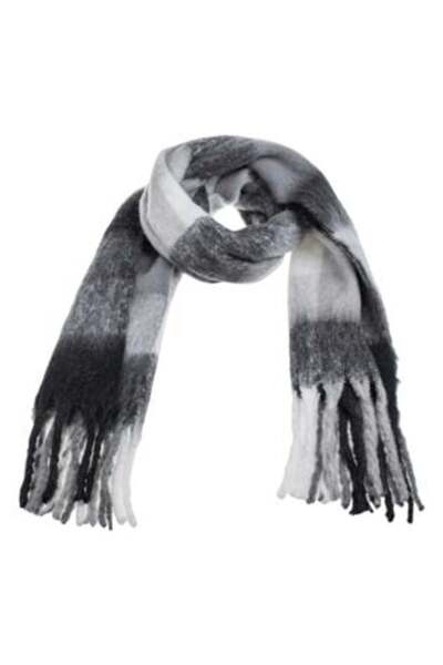 OEM Black and Grey Checked Scarf with Long Fringes - 180 x 48 cm, 305 g