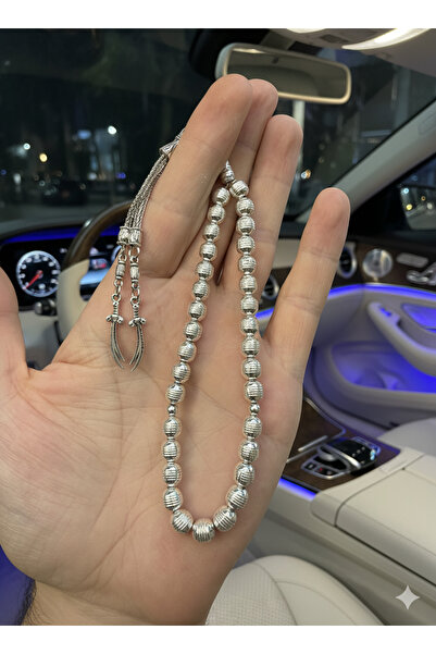 A-STİL TAKI Men's Double Zulfiqar Sword Tassel Sphere Cut Silver Plated Prayer Beads