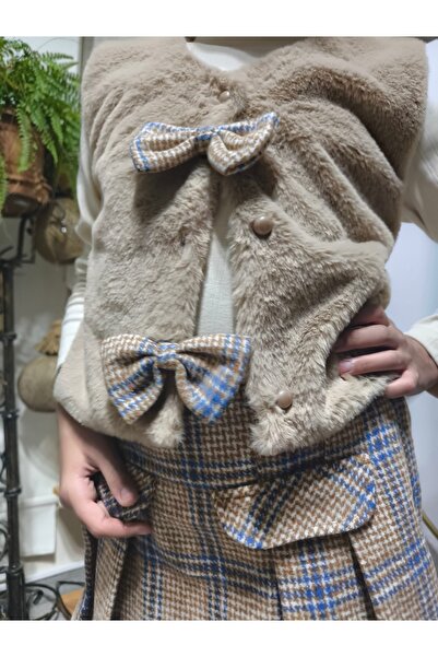 Şimo Butik Girl's Three-Piece Set (Plush Vest+Cotton Blouse+Cashmere Shorts Skirt) Stylish Winter Camel