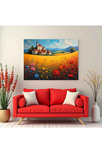 Printees Tablou - Un sat în câmp cu flori - Canvas pe șasiu - 40x30 cm