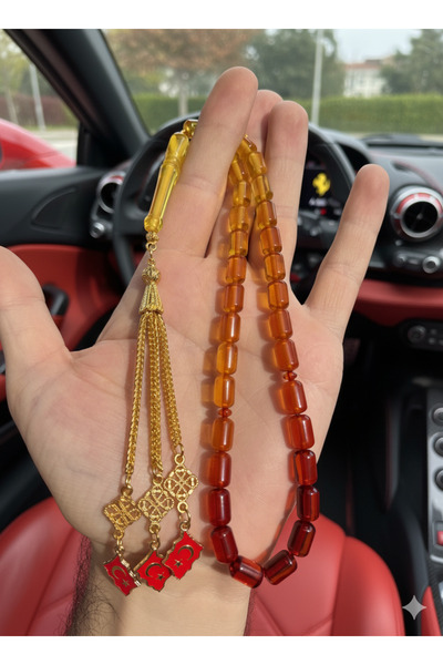 A-STİL TAKI Men's Capsule Cut Turkish Flag Gold Plated Tassel Fire Amber Prayer Beads