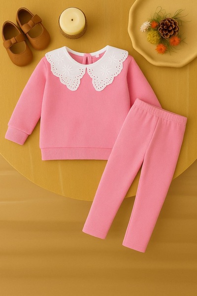 tunays shopping Baby Girls Ribbed Knit Piece Outfits – Ruffled Collar Long Sleeve Top and Leggings