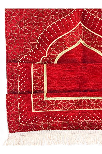 Öz Kadife Mihrap Patterned Lined Chenille Prayer Rug – Luxurious Texture, Gold Detailing, Gift Prayer Rug