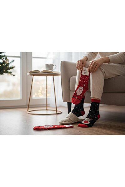 ÇERÇİ MELEK Noel Baba & Geyik Desenli 2’li Unisex Yılbaşı Çorabı (35–39)