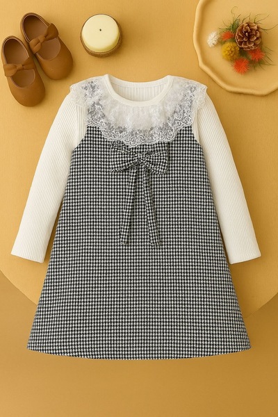 tunays shopping Girl's 3-10 Years Old Lace Collar Houndstooth Pattern Dress