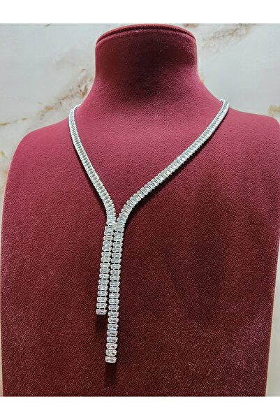 ALLEGRİA Silver Full of Zircon Stone Steel Elegant Y Necklace