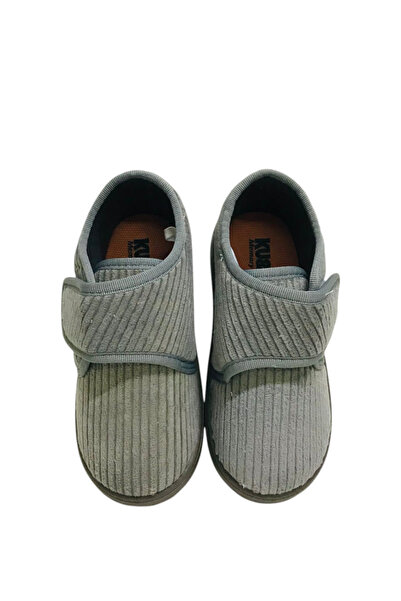 KU&PA SHOES Pas Gray Striped Velvet Kids Unisex Slippers Shoes Velcro Anti-Slip Sole Home Slippers Kp-1006