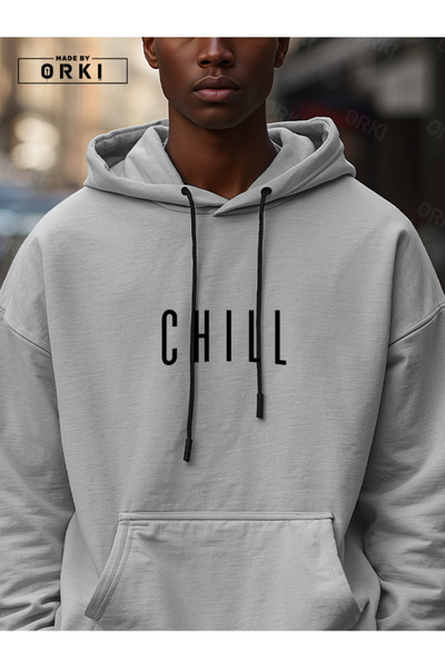 EFFRENATU Chill Printed Gray Oversize Hoodie & Black Jogger Tracksuit Set