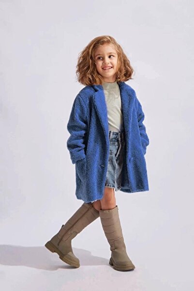 Magu Girl's Cotton Blue Plush Coat – Soft Textured Buttoned Design