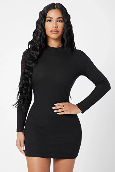 Zikuv Giyim ve Moda Tasarım Black Ribbed Knit Turtleneck Long Sleeve Bodycon Mini Dress