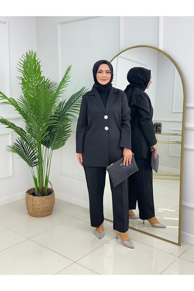 Valens Butik Buttoned Jacket and Pants Hijab Two-Piece Set Vildan