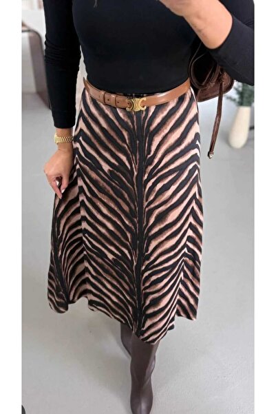 NÜANS MODA Tiger Print Satin Midi Skirt