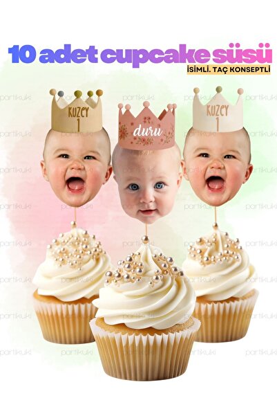 partikuki Pinterest İsimli Taç Fotoğraflı Cupcake Kürdan Süsü Simli 1 Yaş Kiş...