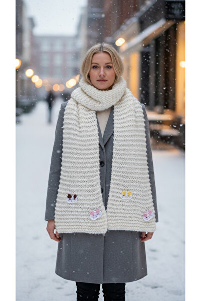 Tanem Çarşı Women's Scarf with Cat Motif Design Hand-Knitted (2.15 cm Width)