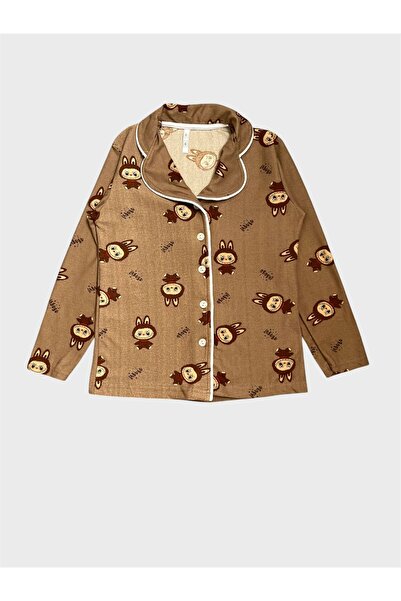 ALİŞ KİDS Girls' Cotton Suede Fabric Brown Labubu Patterned Long Sleeve Shirt Collar Buttoned Pajama Set